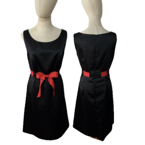 Sheri Martin Dresses & Skirts - BLACK SATIN COCKTAIL DRESS W WIDE RED GROSGRAIN RIBBON MINIMALIST HOLIDAY EUC 10